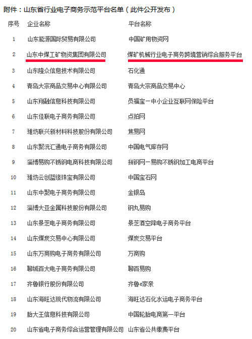 热烈祝贺中煤集团“亿矿网”项目被评为山东省行业电子商务示范平台